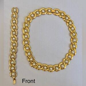 1980s Vintage Gold Tone Link Chain Necklace & Bracelet Set With Faux Pearls
